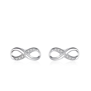 Elegant s925 silver infinity stud earrings with sparkling cubic zirconia on white background