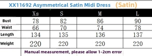 Tableau des tailles pour robe midi en satin asymétrique avec mesures pour XS S M L