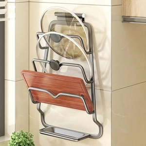 Wall-mounted gunmetal kitchen rack for pot lids and cutting boards with drain tray
