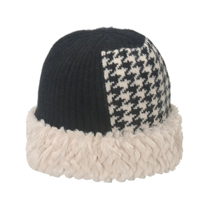 Winter houndstooth patchwork knit bucket hat with warm beige plush faux fur trim