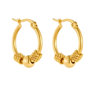 Retro style gold-plated stainless steel hoop earrings with woven texture and metal beads