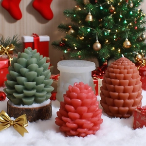 Pinecone scented candle silicone molds with finished pine cone candles for Christmas decor