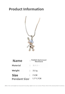 Detail view of rabbit astronaut necklace with 71cm chain length and 33.1g weight