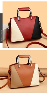 Detail of color-block tote bags with metal handles and lychee grain texture finish