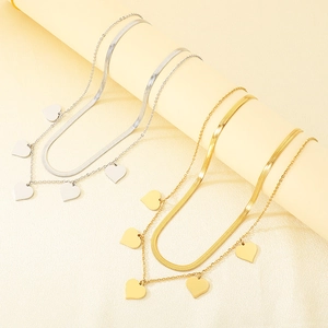 Détails des colliers double rang en acier inoxydable avec pendentifs cœur en or et argent