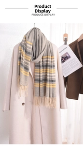 Detail of warm striped scarf with herringbone pattern and fringe on beige coat