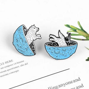 Cute Samoyed dog enamel pins set showing a white puppy jumping out of a blue bowl