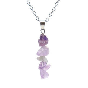 Detailed view of handmade necklace featuring natural purple amethyst crushed stones and silver chain