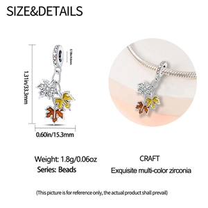 Detailed size specifications for a three-color maple leaf pendant bead in 925 silver