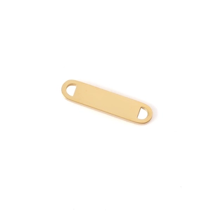 Polished golden stainless steel rectangle pendant link with two holes on white background
