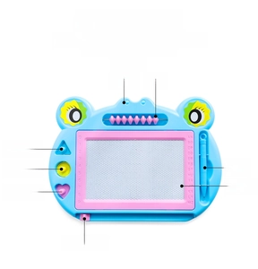 Frog-shaped magnetic drawing board with counting beads, stylus, and geometric shape stamps