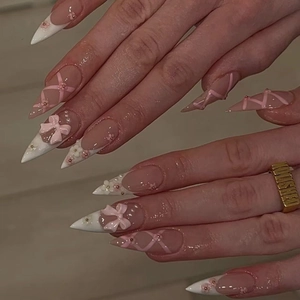 Press On Nails Pink Long Stiletto With 3D Bow Artificial Pearl Flower French Tip Sweet Style False Nails For Women