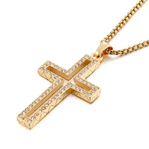 Iced Out Hollow Cross Pendant Necklace Stainless Steel Rhinestone Hip Hop Religious Jewelry For Men
