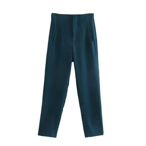 Women's high waist dark green cropped trousers with a straight fit and side pockets