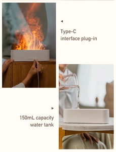 Dual view of a 3D flame aroma diffuser showing misting effect and water filling process