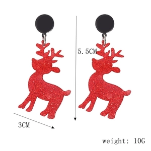 Detail view of festive red glitter reindeer earrings with size and weight measurements