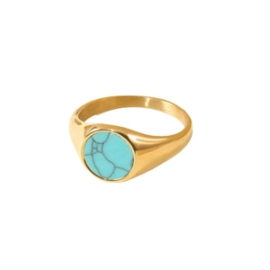 Classic gold titanium steel signet ring featuring a round turquoise stone with natural veins