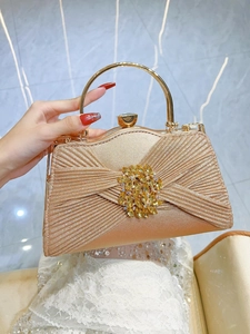 Women Elegant Pleated Evening Handbag With Rhinestone Buckle Metal Handle PU Leather Wedding Party Clutch Purse