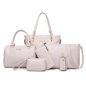 Beige 6-piece handbag set featuring tote, satchel, and wallet with lattice pattern