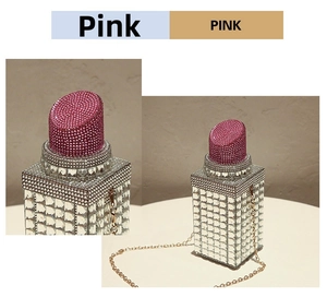 Detail view of pink rhinestone lipstick shaped evening bag with golden chain strap