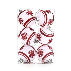 6-pack white Christmas baubles with red glitter snowflakes and silver hanging strings