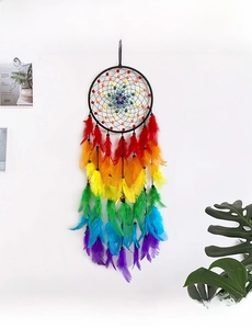 Detailed close-up of a handmade rainbow feather dream catcher with colorful bead accents