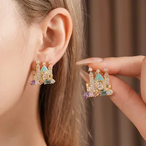Exquisite gold-plated castle stud earrings with colorful gemstones and zircon paving