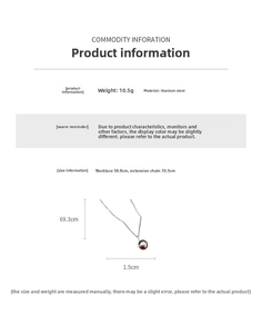 Detailed specs of titanium steel ball pendant necklace showing weight and chain dimensions