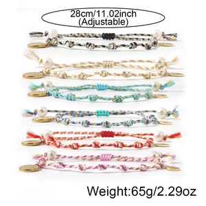 Set of 6 adjustable Peruvian knot colorful woven bracelets with pearls and gold charms