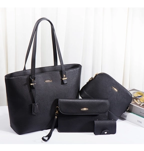 Detail of a 4-piece black tote bag set including crossbody bag, clutch, and card holder