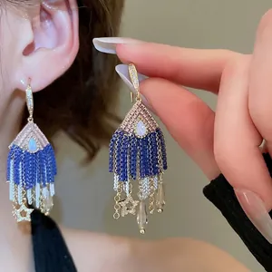 French palace style teardrop star tassel earrings with blue zircon and crystal beads