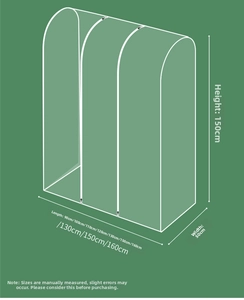 Size diagram of waterproof PEVA garment rack cover with dimensions and zipper detail