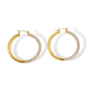 Retro stainless steel hoop earrings with gold finish and half-set clear crystals