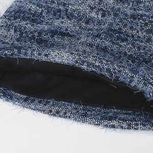 Winter retro coffee brown plush knit beanie with textured blue and grey weaving detail