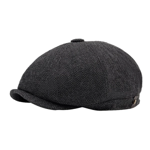 Classic grey herringbone newsboy cap for men with premium wool texture and side metal buckle