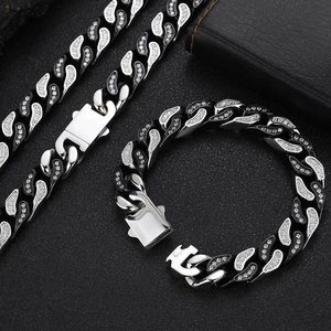 Silver and black two-tone 12mm Cuban link necklace and bracelet set with fine diamonds