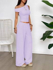 Women's purple one-shoulder crop top and high-waist wide-leg pants textured two-piece set