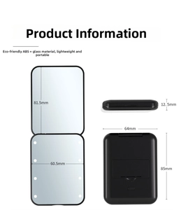 Detailed specs of compact LED makeup mirror with dimensions and ABS material display