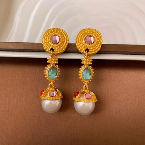 Vintage Palace Drop Earrings With Multi Color Synthetic Gemstone Artificial Pearl And 925 Sterling Silver Earring Post Copper