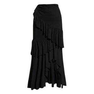 Detail of elegant black high-waisted maxi skirt featuring triple-layered diagonal ruffles