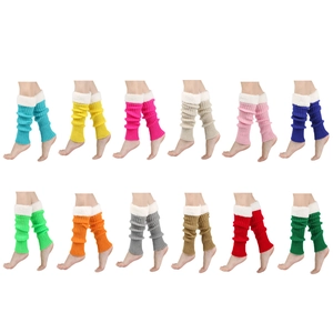 Close-up of knit leg warmers in multiple colors featuring plush white faux fur trim