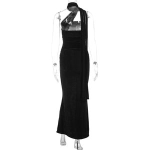 Detailed back view of a slim-fit strapless black maxi dress with elegant long scarf detail