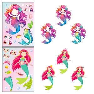 Detail of DIY mermaid stickers showing original sheets and finished creative character designs