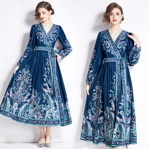 Elegant Paisley Print V-Neck Maxi Dress Long Sleeve Ethnic Satin Style Waist Tie A-Line Bohemian Dress For Women