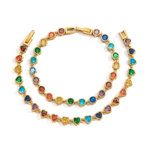Rainbow cubic zirconia gold-plated stainless steel bracelet set with round and heart gems