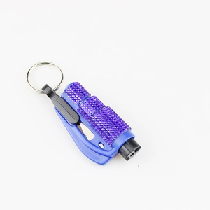 Dettaglio del mini portachiavi con strass viola e anello in metallo argentato lucido