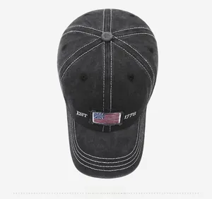 Top view of charcoal washed cotton baseball cap with America embroidery and flag patch
