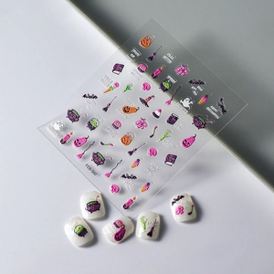 5D embossed Halloween nail art stickers with ghosts and pumpkins on white press-on nails