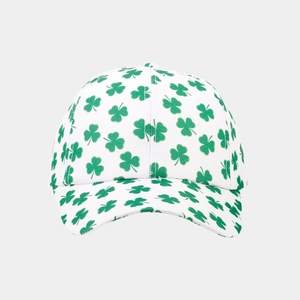 Close-up of baseball cap with green clover pattern and premium fabric stitching details