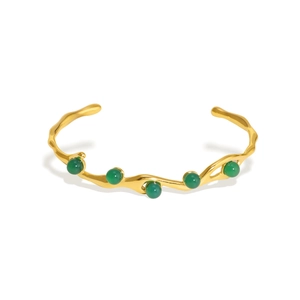 Vintage gold-plated titanium steel open bangle featuring five inlaid green natural stones